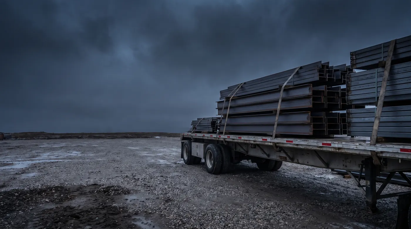 Bundled steel building components strapped to a flatbed trailer on a gravel site